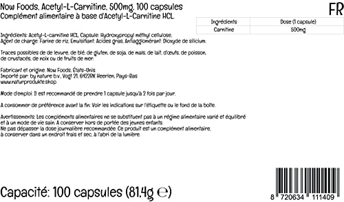 Now Foods, Acetyl-L-Carnitine (Acetil-L-Carnitina), 500 mg, 100 Cápsulas veganas, Probado en Laboratorio, Aminoácido, Sin Gluten, Sin Soja, Vegetariano