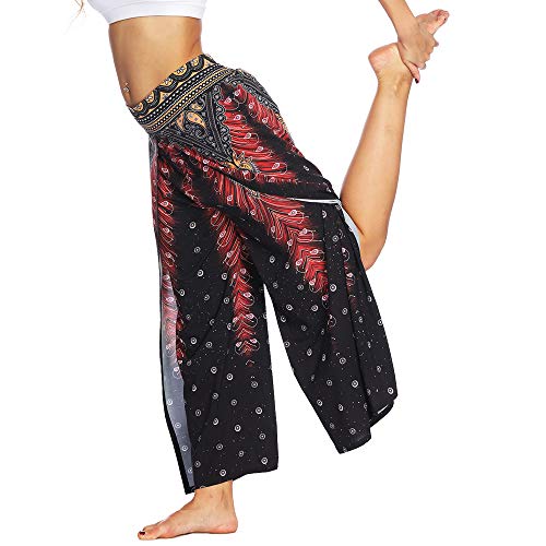 Nuofengkudu Mujer Hippie Largo Pantalones Dividir Pata Ancha Flores Estampados Sueltos Elegantes Comodos Thai Yoga Pants Verano Playa Vacaciones(Negro Pavo A,S/M)