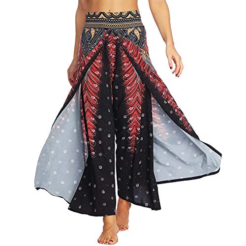 Nuofengkudu Mujer Hippie Largo Pantalones Dividir Pata Ancha Flores Estampados Sueltos Elegantes Comodos Thai Yoga Pants Verano Playa Vacaciones(Negro Pavo A,S/M)