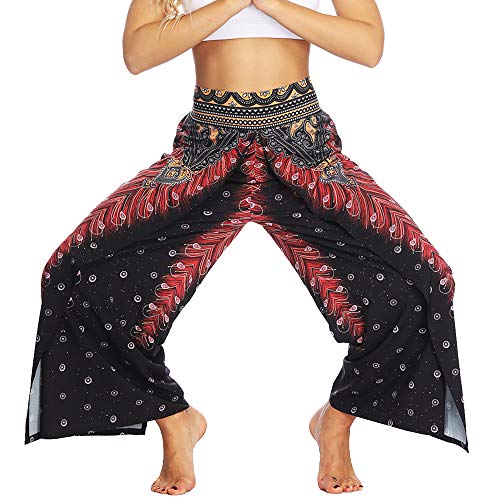 Nuofengkudu Mujer Hippie Largo Pantalones Dividir Pata Ancha Flores Estampados Sueltos Elegantes Comodos Thai Yoga Pants Verano Playa Vacaciones(Negro Pavo A,S/M)