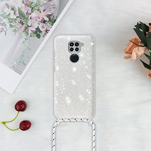 Nupcknn Funda Silicona con Cuerda para Xiaomi Redmi Note 9, Carcasa Suave Silicona Case con Correa Colgante Ajustable Collar Correa de Cuello Cadena Cordón 1.5M() (Brillantina)