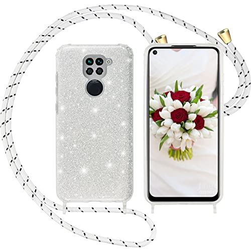 Nupcknn Funda Silicona con Cuerda para Xiaomi Redmi Note 9, Carcasa Suave Silicona Case con Correa Colgante Ajustable Collar Correa de Cuello Cadena Cordón 1.5M() (Brillantina)