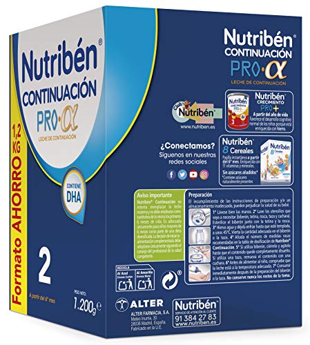 Nutribén Pack Continuación Proalfa 2 Leche En Polvo De Continuación Para Bebés, De 6 A 12 Meses, color Blanco, 1200 g - Pack de 2