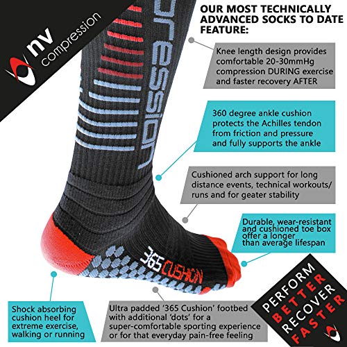 NV Compression 365 Cushion Socks – Black – Compression Sports Socks – for Running, Cycling, Triathlon, Gym (BK/Red Stripes, SM)