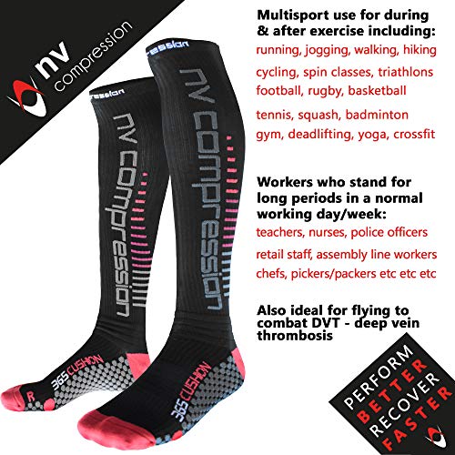 NV Compression 365 Cushion Socks – Black – Compression Sports Socks – for Running, Cycling, Triathlon, Gym (BK/Red Stripes, SM)