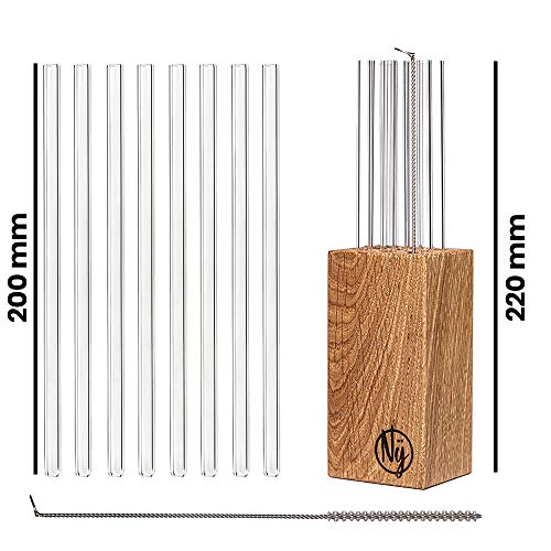 Nÿ Straw – 8 pajitas reutilizables y sostenibles de cristal de 20 cm en bloque de madera reciclado, incluye cepillo de limpieza, sin plástico y apto para lavavajillas