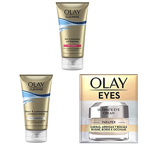 Olay Gel Limpiador En Espuma + Cleanse Detox & Luminosidad + Eye Cream para Ojeras, Arrugas y Bolsas