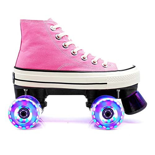 OPINGGU Patines De Ruedas para Adultos, Patines De Lona, Cuatro Ruedas, Luminosos, Cómodos Y Ventilados, para Interiores Y Exteriores, Niños Principiantes,Rosado,41