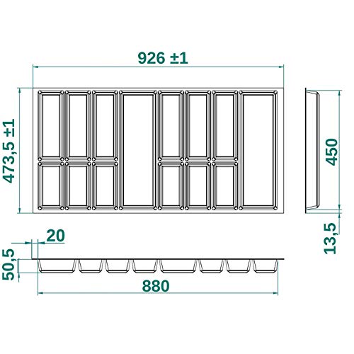 Orga-box® IV Universal Cubertero de Color Gris Argentado para Cajón de 100 cm (473,5 x 926 mm)