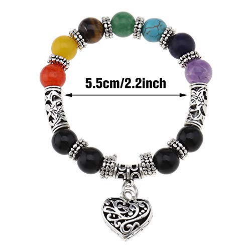 OTOTEC Juego de 2 pulseras de yoga de 7 chakras con forma de corazón, 7 colores, cuentas de 10 mm, pulsera de cuerda elástica, metal envejecido, estilo plateado para hombres y mujeres