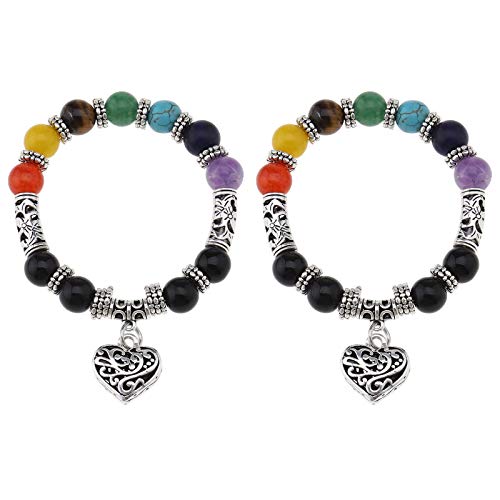 OTOTEC Juego de 2 pulseras de yoga de 7 chakras con forma de corazón, 7 colores, cuentas de 10 mm, pulsera de cuerda elástica, metal envejecido, estilo plateado para hombres y mujeres