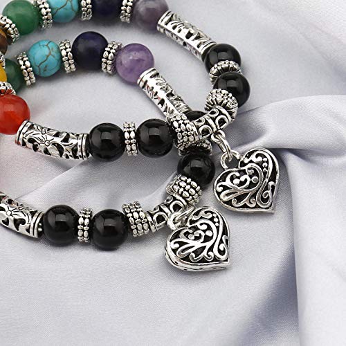 OTOTEC Juego de 2 pulseras de yoga de 7 chakras con forma de corazón, 7 colores, cuentas de 10 mm, pulsera de cuerda elástica, metal envejecido, estilo plateado para hombres y mujeres