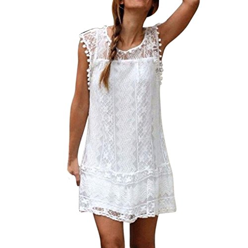 Overdose Vestido Casual Sin Mangas De Encaje De Playa para Mujeres Mini Vestido Casual De Borla O-Cuello SóLido (XL, Blanco)