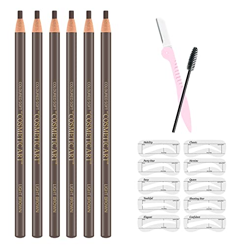 Ownest 6Pcs Pull Cord Peel-off Eyebrow Pencil Tattoo Tattoo Makeup and Microblading Supplies Set for Marking, Filling and Outlining, Waterproof and Durable Lápiz de cejas permanente-Marrón claro