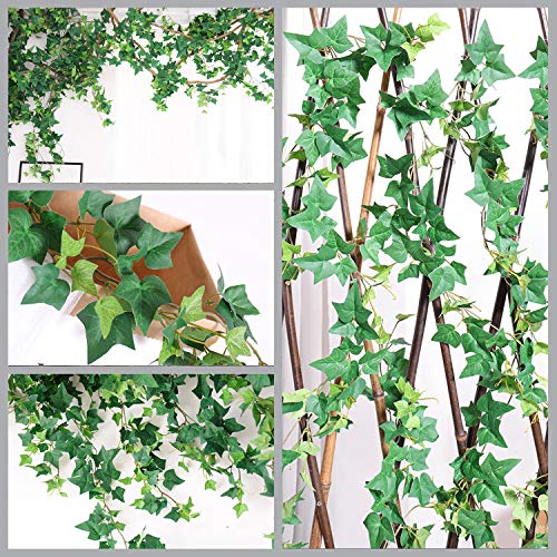 O'woda Plantas Hiedra Artificial (12pcsx2m), con 100pcs Bridas para Cables, Guirnalda de Hiedra Artificial para Decoración de Bodas, Fiestas, Jardín y Hogar, Ventana Escalera Exterior