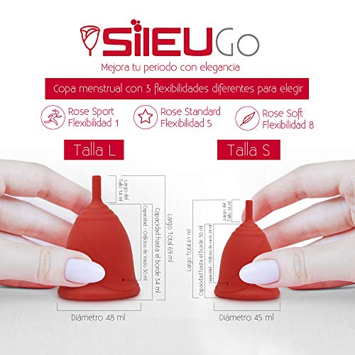 Pack Sileu Go: Copa menstrual Rose - Modelo de iniciación - Alternativa ecológica, natural a tampones y compresas - Talla S, Transparente, Flexibilidad Standard + Estuche de Flor Rosa