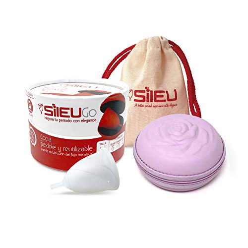 Pack Sileu Go: Copa menstrual Rose - Modelo de iniciación - Alternativa ecológica, natural a tampones y compresas - Talla S, Transparente, Flexibilidad Standard + Estuche de Flor Rosa