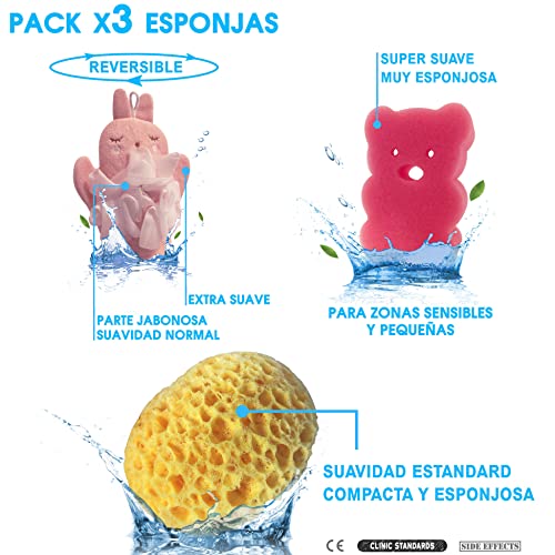 Pack x3 Esponja natural para bebe y personas mayores - Kit baby baño esponjas para el higiene del bebe recién nacido - Set cuidado bebe con esponja de baño natural y vegetal