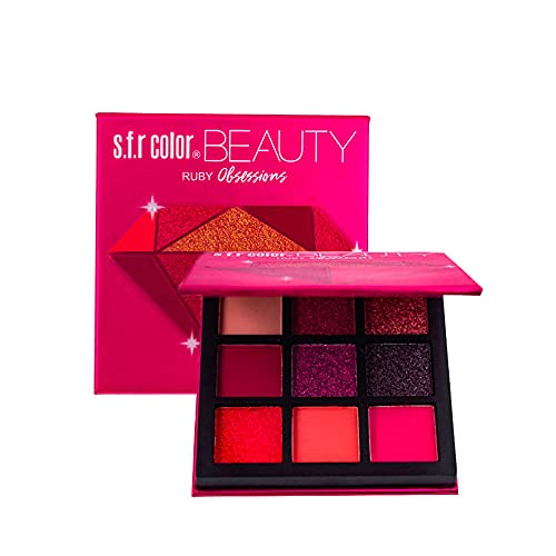 Paleta de sombras de ojos, paleta de sombras de ojos de larga duración, paleta de sombras de ojos profesional altamente pigmentada, 9 tonos, mate, perlado, metálico, lentejuelas, tono: rojo