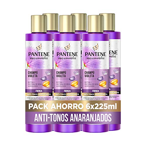 Pantene Pro-V Miracles Champú Violeta Fuerza & Anti-Tonos Anaranjados, Biotina + Proteína De Seda Hidrolizada Para El Pelo Decolorado Y Dañado, 6 x 225ml