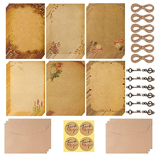 Papel de Escribir Vintage,Pergaminos para Escribir,24 Hojas Papel de Carta Vintage Escribir Papelería con 6 Estilos de Patrones Retro Invitaciones,Juego de Sobres de Letras Envejecidas