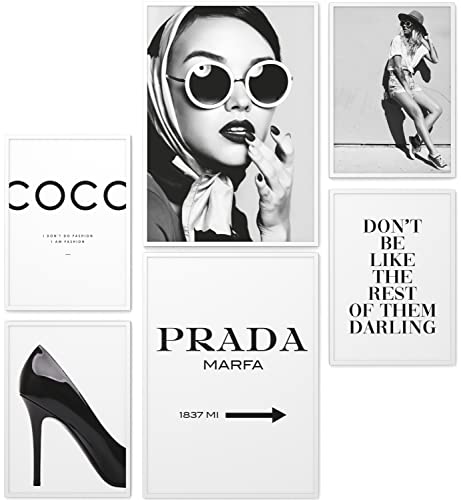 Papierschmiede® Mood-Poster Set Coco blanco-negro | Cuadros como decoración de paredes | Living y dormitorio | 2x A3 y 4x A4 | Glamour Estilo de vida Moda - sin marco