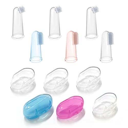 Paquete de 6 cepillos de dientes de silicona para dedo de bebé con estuche, limpiador de dientes de grado alimentario, cepillo de goma para masaje transparente para bebés y niños pequeños