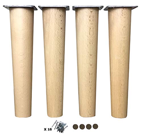 Patas de madera de Haya, con placa de montaje instalada. Pack de 4 unidades de patas para muebles, 8,10,12,15,20.cm alto, patas de madera cónicas rectas. (4 unidades 20 cm, Natural)