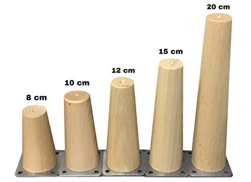 Patas de madera de Haya, con placa de montaje instalada. Pack de 4 unidades de patas para muebles, 8,10,12,15,20.cm alto, patas de madera cónicas rectas. (4 unidades 20 cm, Natural)