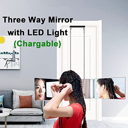 PEALOV 360 Mirror,Espejo Maquillaje Con Luz, Espejo Triple PortáTil De 3 VíAs, Espejo Con 3 Lados Plegable Con Ganchos,Espejo De PeluqueríA Led,El Brillo Se Puede Ajustar Libremente,360 Mirror Selfcut