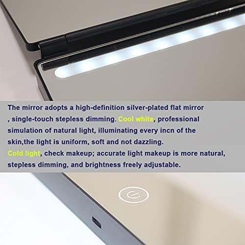 PEALOV 360 Mirror,Espejo Maquillaje Con Luz, Espejo Triple PortáTil De 3 VíAs, Espejo Con 3 Lados Plegable Con Ganchos,Espejo De PeluqueríA Led,El Brillo Se Puede Ajustar Libremente,360 Mirror Selfcut