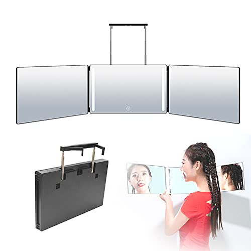 PEALOV 360 Mirror,Espejo Maquillaje Con Luz, Espejo Triple PortáTil De 3 VíAs, Espejo Con 3 Lados Plegable Con Ganchos,Espejo De PeluqueríA Led,El Brillo Se Puede Ajustar Libremente,360 Mirror Selfcut