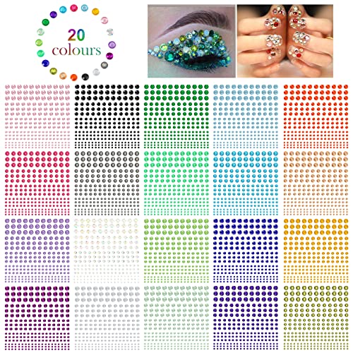 Pegatinas Autoadhesivas de Diamantes de imitación, 3300 piezas de cristal en 4 tamaños 20 colores Gemas Pegatinas para manualidades, cuerpo, maquillaje, bricolaje, festivales, carnaval, color2