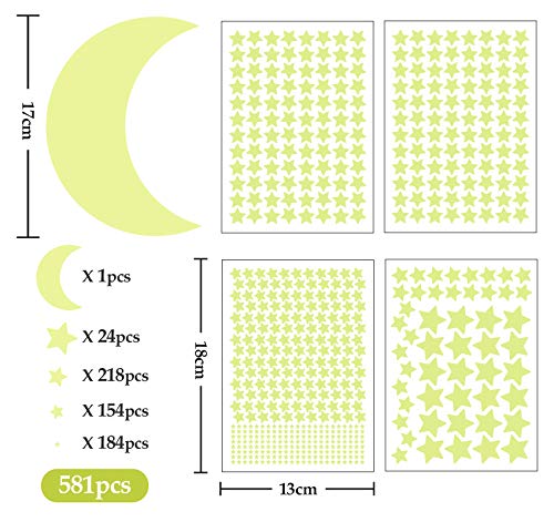 Pegatinas de Pared Fluorescentes, 581 piezas de Pegatinas de Estrellas y Luna, Decoración de Pegatinas Brillantes para Sala de Estar, Habitación de Niños