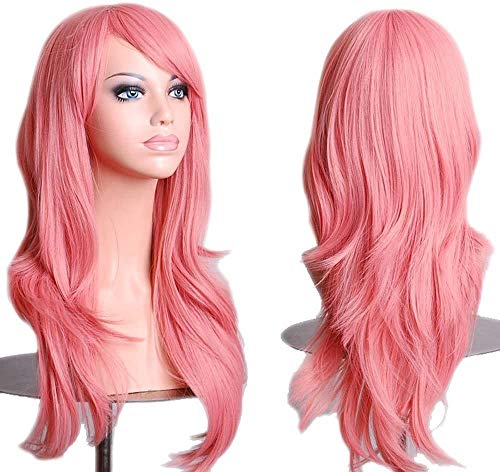 Peluca completa de pelo sintético rizado, resistente al calor, color rosa de 71 cm de largo para mujer, chica, disfraz de anime, cosplay para fiesta Halloween