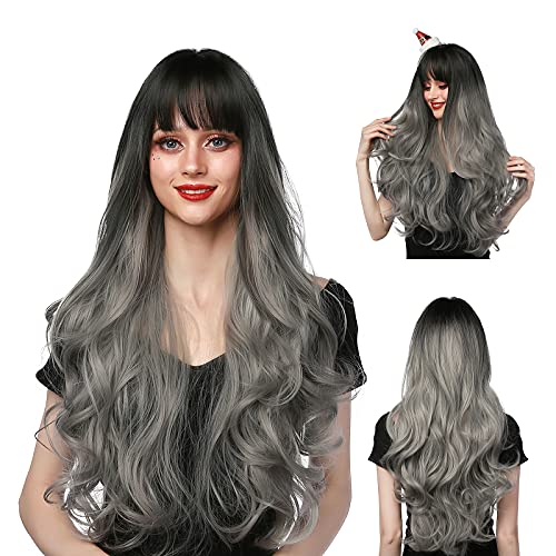 Pelucas Para Mujer Rizada Largas Gris Pelo Natural con Flequillo Sintéticas De Aspecto Natural Resistente Al Calor Onduladas Postizos para Cosplay Disfraces Fiesta Diaria Halloween 28 Pulgadas