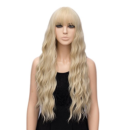 Pelucas rubia larga mujer con flequillo pelo natural largo ondulada, YEESHEDO peluca de pelo rubio largo suelto y rizada, wavy blonde wig para mujeres y niñas 28"