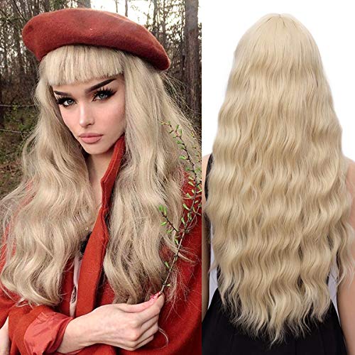 Pelucas rubia larga mujer con flequillo pelo natural largo ondulada, YEESHEDO peluca de pelo rubio largo suelto y rizada, wavy blonde wig para mujeres y niñas 28"