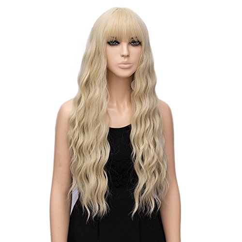 Pelucas rubia larga mujer con flequillo pelo natural largo ondulada, YEESHEDO peluca de pelo rubio largo suelto y rizada, wavy blonde wig para mujeres y niñas 28"