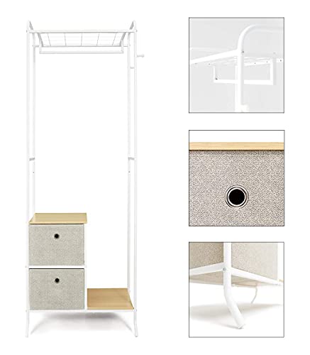 Perchero Abierto de Metal con 2 Cajones de Tela, Estante Colgante con Ganchos y Zapatero, Guardarropa Móvil para Pasillo Dormitorio Sala de Estar Antesala Acero + Madera Beige + Blanco