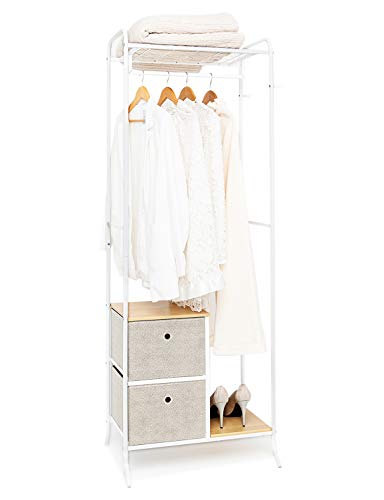 Perchero Abierto de Metal con 2 Cajones de Tela, Estante Colgante con Ganchos y Zapatero, Guardarropa Móvil para Pasillo Dormitorio Sala de Estar Antesala Acero + Madera Beige + Blanco