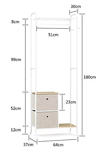 Perchero Abierto de Metal con 2 Cajones de Tela, Estante Colgante con Ganchos y Zapatero, Guardarropa Móvil para Pasillo Dormitorio Sala de Estar Antesala Acero + Madera Beige + Blanco