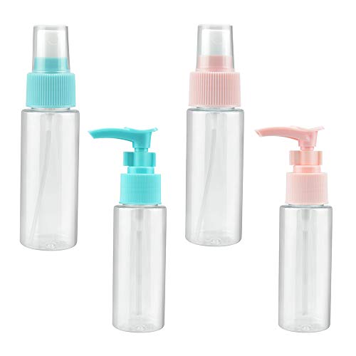 PERFETSELL 2 Pcs Transparente Botella de Spray Plástico 50ml + 2 Pcs Botella de Loción 40 ml Botes Rellenables Viaje Botella Spray Pulverizador Botellas de Plastico para Viaje Maquillaje(Azul y Rosa)