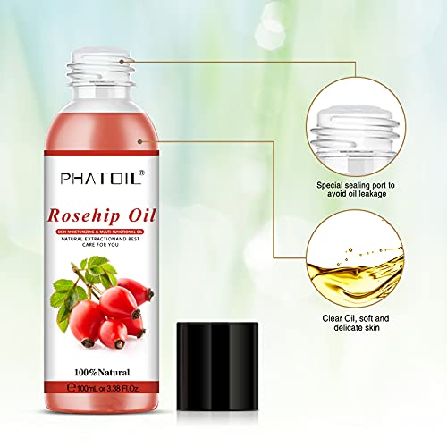 PHATOIL Aceites Corporales de Rosa Mosqueta 100 ml, 100% Aceite de Masaje Naturales, Refrescante y no Graso para Aceite básico para Masaje, Baño, Humectar y Equilibrar la Piel, Hidratar el Cabello