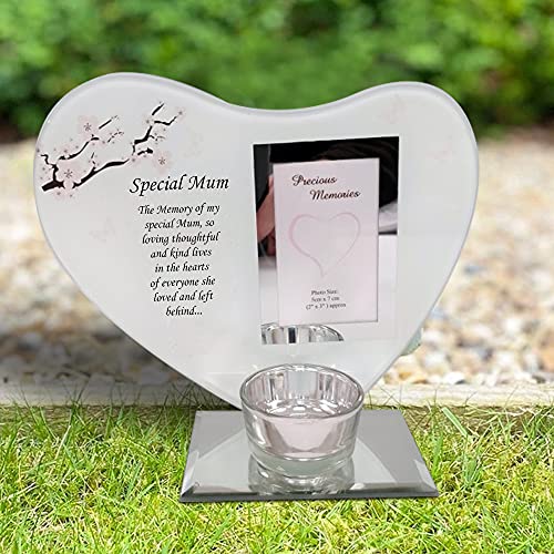 Placas especiales en forma de corazón y portavelas – Memoriales de recuerdo, placas conmemorativas de velas con mensajes especiales en marcos de fotos de vidrio para tus seres queridos (Mum)