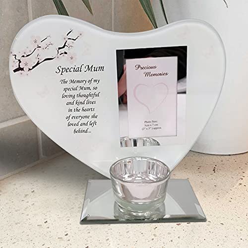 Placas especiales en forma de corazón y portavelas – Memoriales de recuerdo, placas conmemorativas de velas con mensajes especiales en marcos de fotos de vidrio para tus seres queridos (Mum)