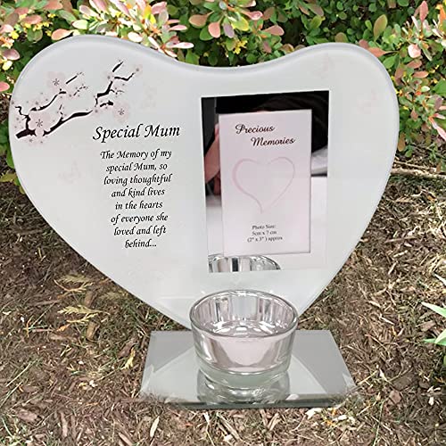 Placas especiales en forma de corazón y portavelas – Memoriales de recuerdo, placas conmemorativas de velas con mensajes especiales en marcos de fotos de vidrio para tus seres queridos (Mum)