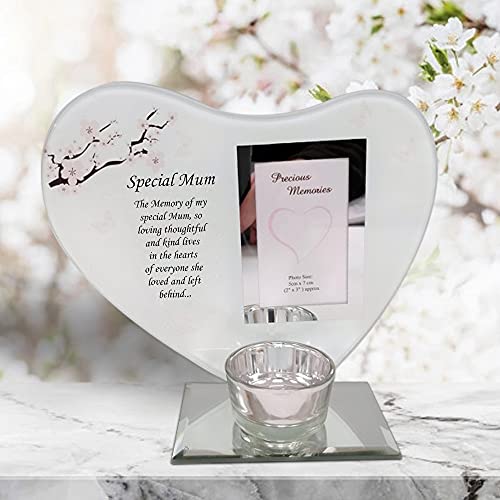 Placas especiales en forma de corazón y portavelas – Memoriales de recuerdo, placas conmemorativas de velas con mensajes especiales en marcos de fotos de vidrio para tus seres queridos (Mum)