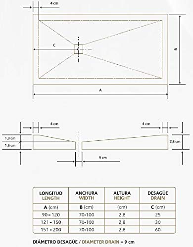 Plato de Ducha marca Sintextone, ancho 70 cm y largo todas las medidas (170x70, Blanco Ral 9003)