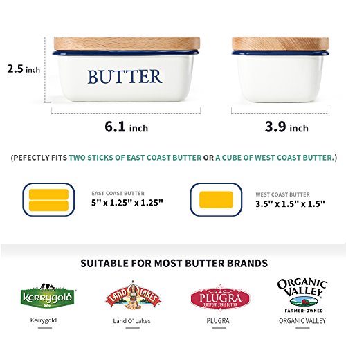 Plato de mantequilla SveBake - Barco de mantequilla de esmalte con tapa de madera de haya, blanco